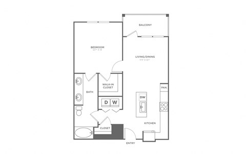 Floor plan for 1 bed, 1 bath, 768 sqft